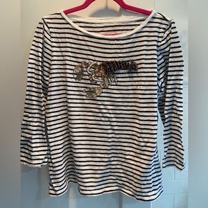 Talbots- 3/4 Sleeve Beaded Lobster Striped Shirt, White/Black, Size L, EUC